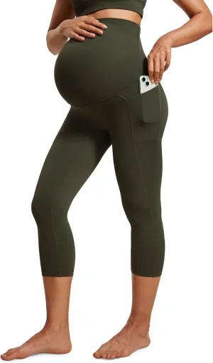 CRZ YOGA Womens Butterluxe Maternity Capris Leggings with Pockets 21" - Workout Active Yoga Soft Over The Belly Crop Pants