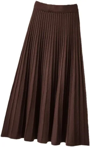 DBFBDTU Knitted Pleated Skirt Midi Skirt Solid Color Loose High Waist Long Skirt Casual Women Bottoms Clothes