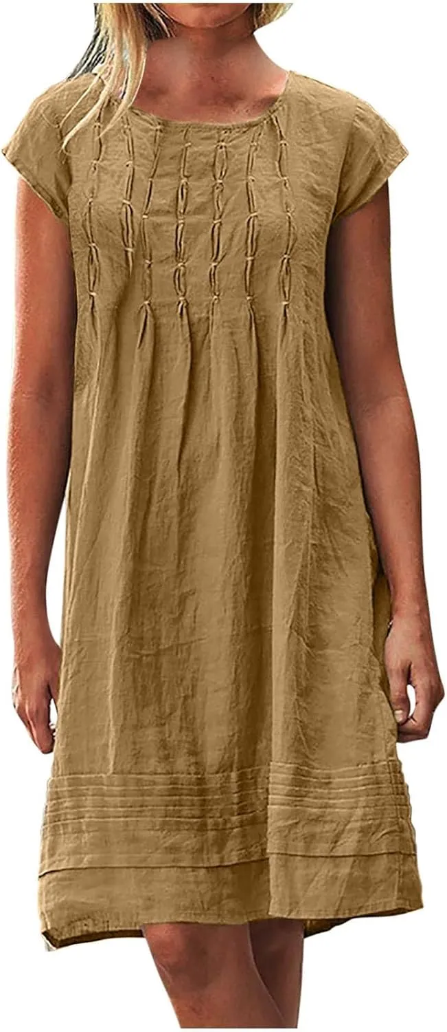 DDAPJ pyju Linen Midi Dresses for Women Plus Size Cap Sleeve Pleated Crewneck Shirt Dress Summer Casual Beach Vacation Outfit