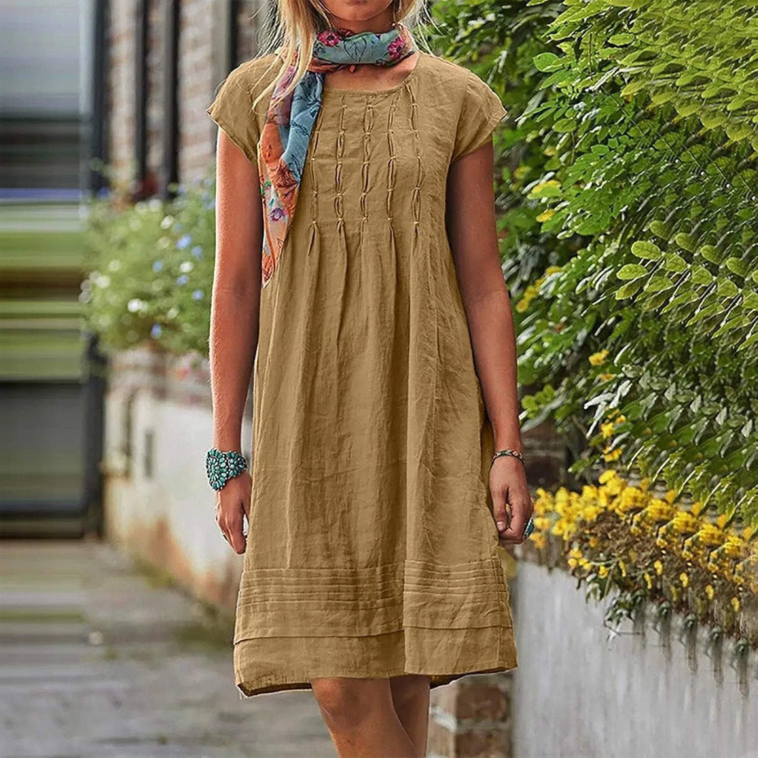 DDAPJ pyju Linen Midi Dresses for Women Plus Size Cap Sleeve Pleated Crewneck Shirt Dress Summer Casual Beach Vacation Outfit