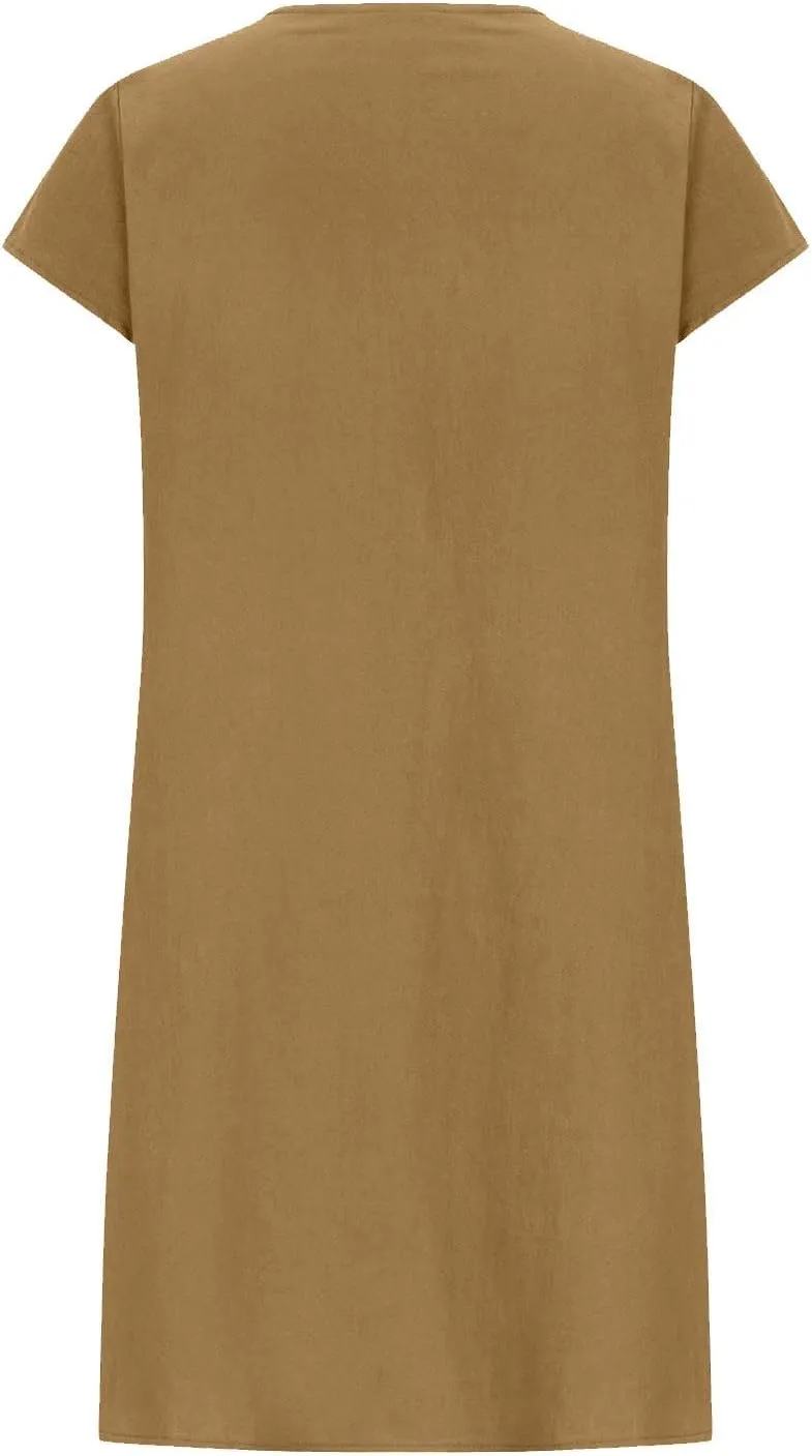 DDAPJ pyju Linen Midi Dresses for Women Plus Size Cap Sleeve Pleated Crewneck Shirt Dress Summer Casual Beach Vacation Outfit