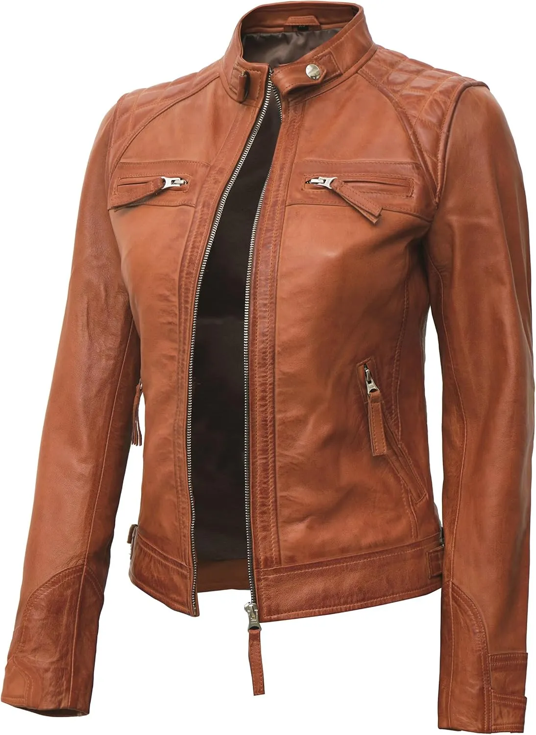 Decrum Real Womens Leather Jacket - Cafe Racer Style Leather Jackets for Women
