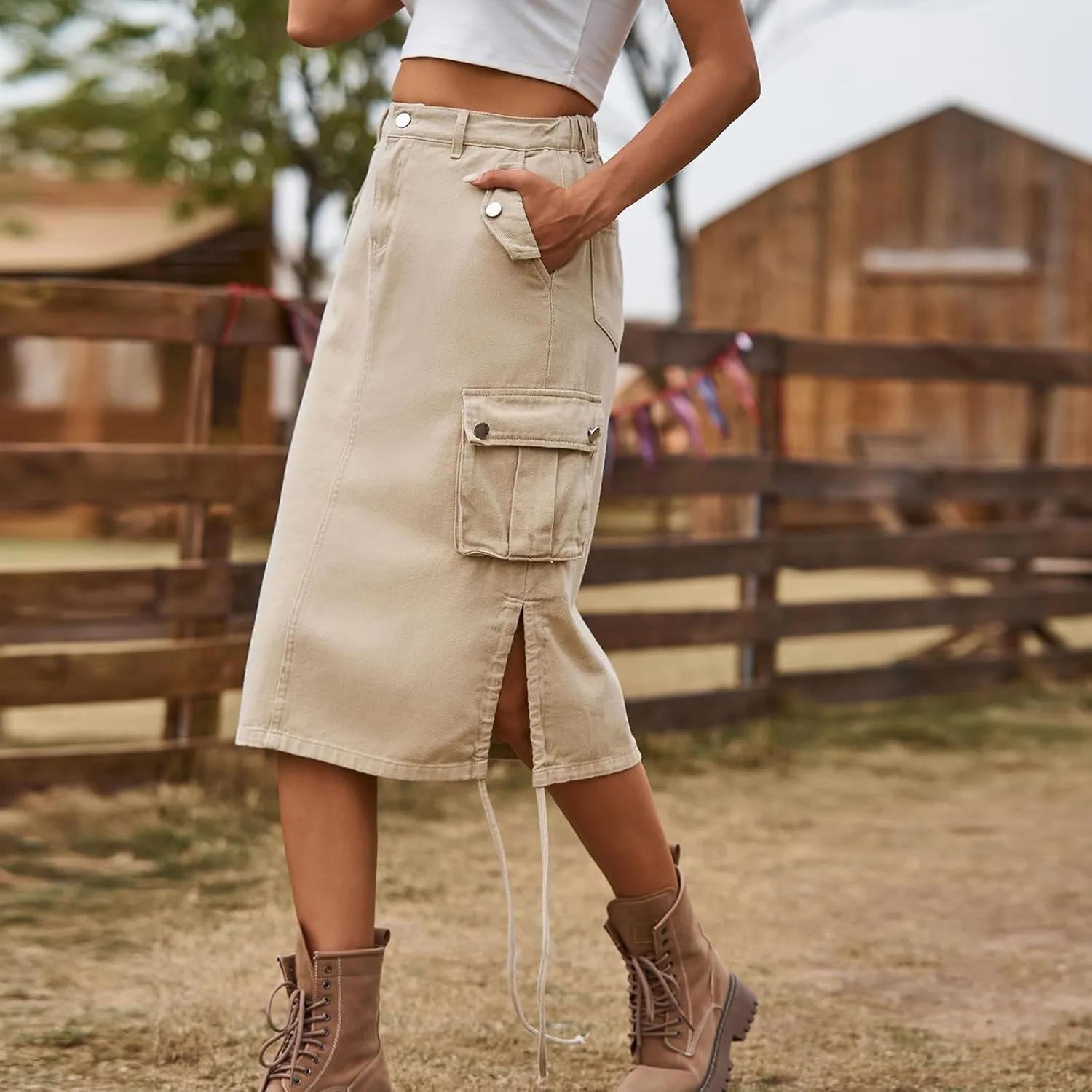 Denim Cargo Skirts for Women,Casual Pleated Midi Skirts High Waist Split Drawstring A Line Long Skirts Maxi Skirt