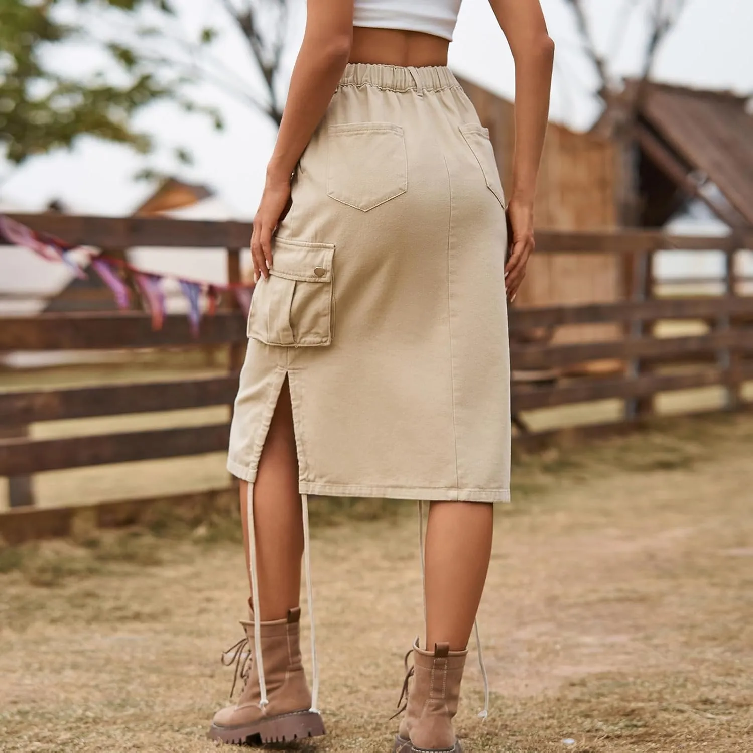 Denim Cargo Skirts for Women,Casual Pleated Midi Skirts High Waist Split Drawstring A Line Long Skirts Maxi Skirt