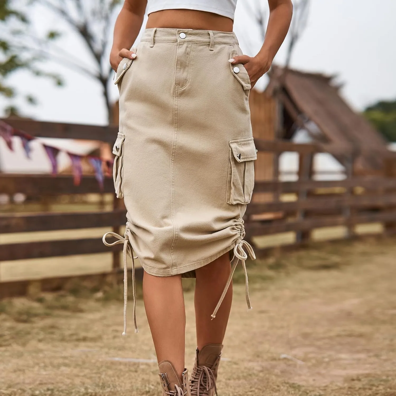 Denim Cargo Skirts for Women,Casual Pleated Midi Skirts High Waist Split Drawstring A Line Long Skirts Maxi Skirt