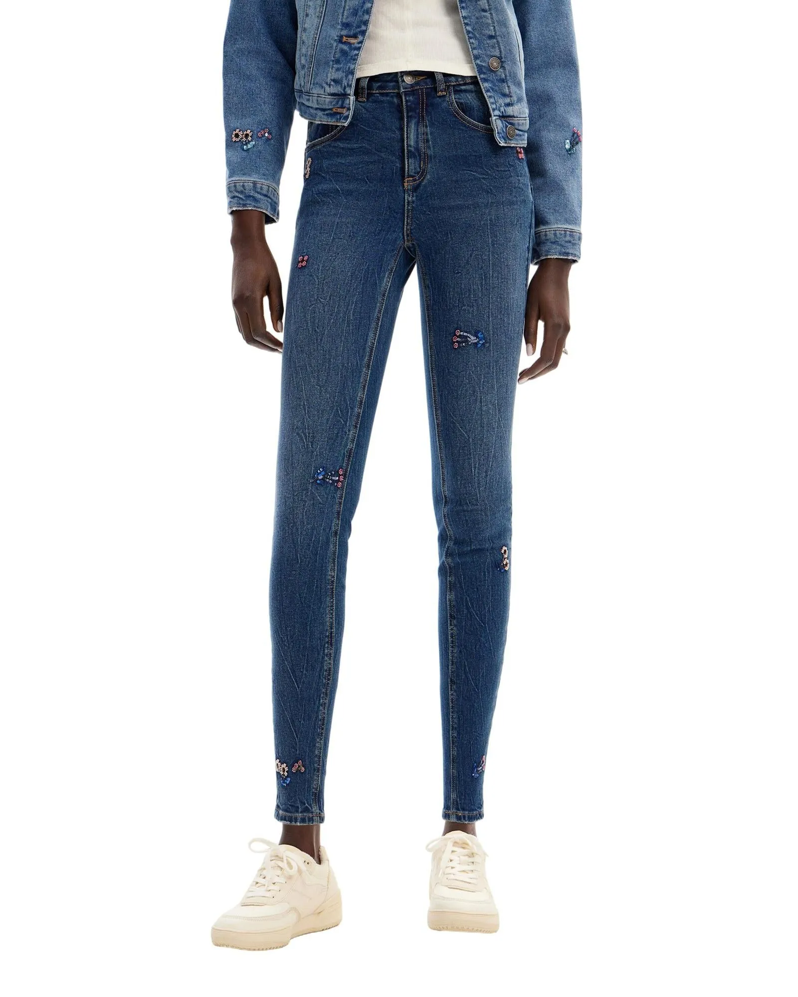 Desigual Womens Skinny Jeans with Floral Embroidery