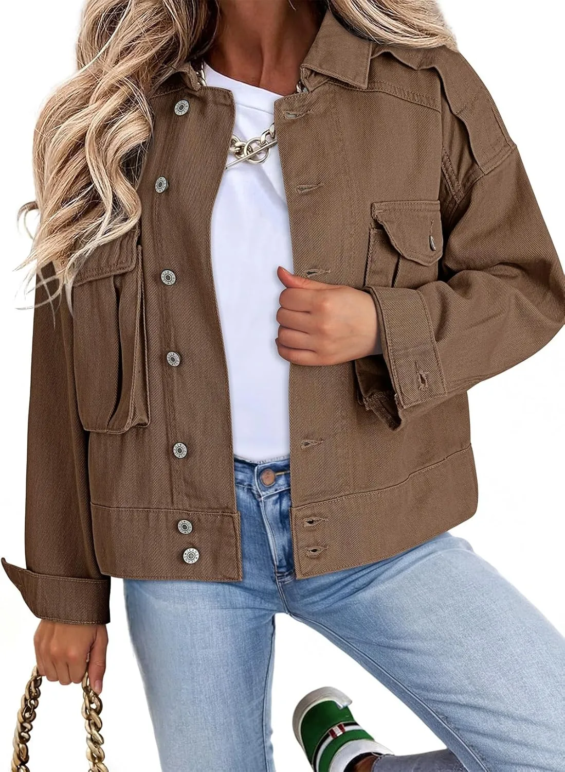 Dokotoo Women's Cargo Jean Jacket - Cropped Button Spring Fashion Coat for Women