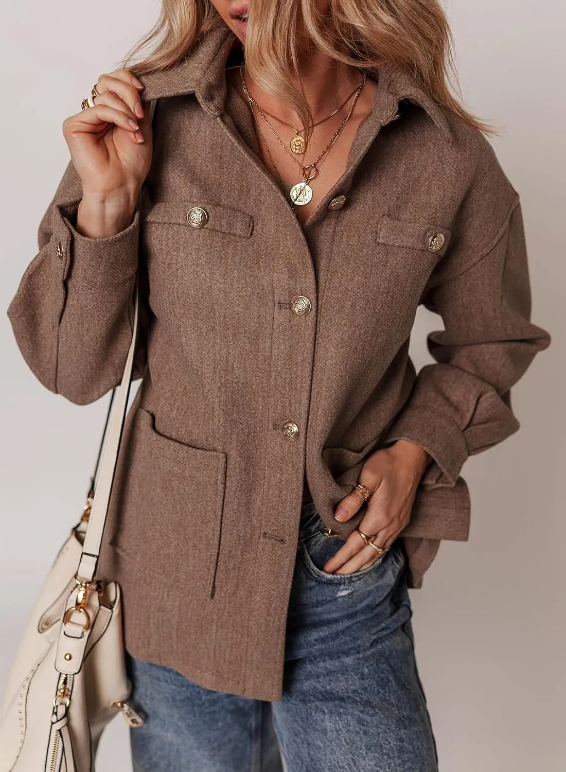 Dokotoo Women's Fall Oversized Long Sleeve Shacket Jackets 2024 Button Down Coats with Pockets
