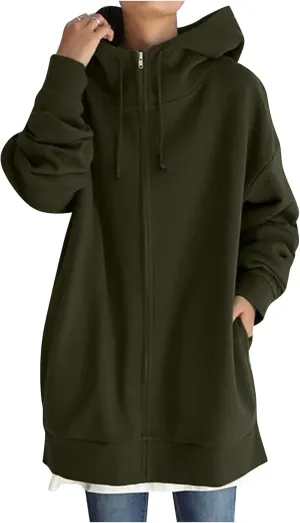 DOLKFU Womens Oversized Hoodie Dress Zip Up Long Sweatshirt Solid Basic Pullover Tops Y2K Trendy Winter Clothes With Pockets