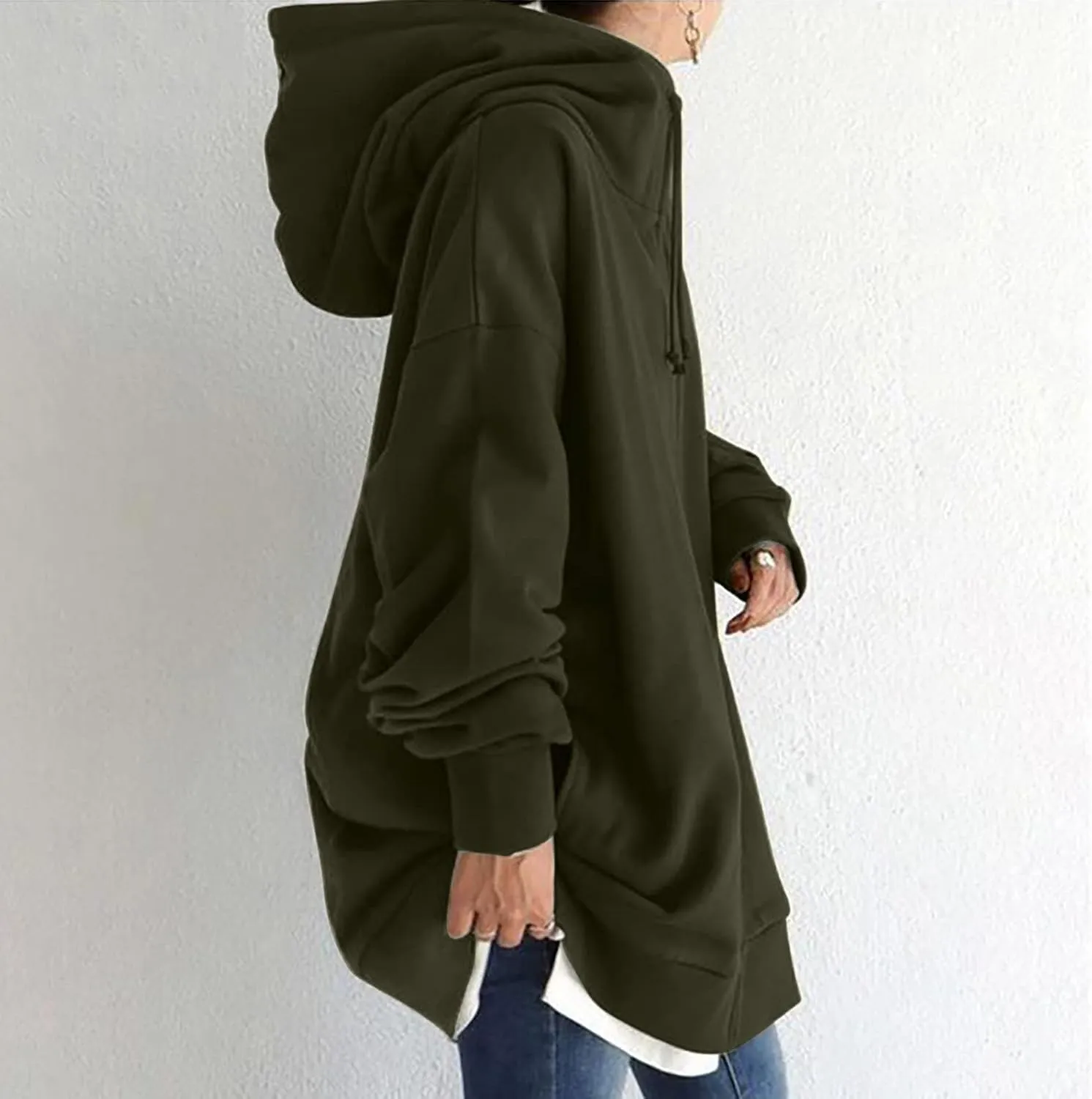 DOLKFU Womens Oversized Hoodie Dress Zip Up Long Sweatshirt Solid Basic Pullover Tops Y2K Trendy Winter Clothes With Pockets