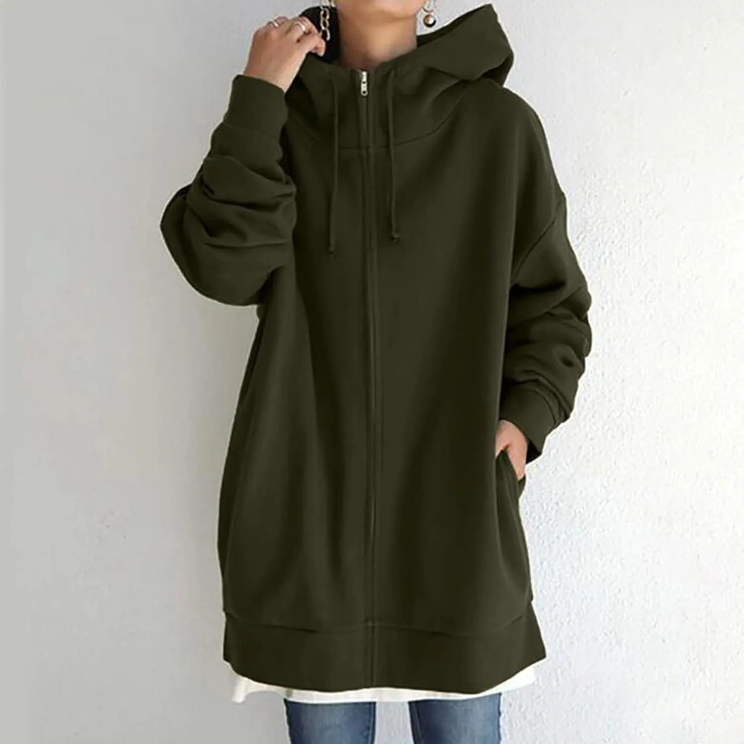 DOLKFU Womens Oversized Hoodie Dress Zip Up Long Sweatshirt Solid Basic Pullover Tops Y2K Trendy Winter Clothes With Pockets