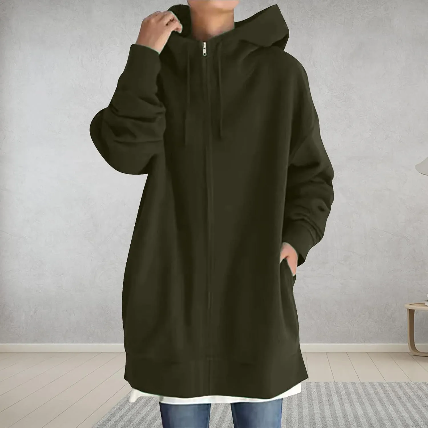 DOLKFU Womens Oversized Hoodie Dress Zip Up Long Sweatshirt Solid Basic Pullover Tops Y2K Trendy Winter Clothes With Pockets