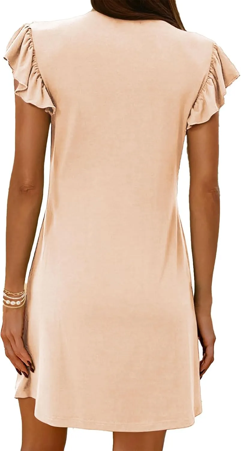 Dresses for Women 2025 Deep V Neck Loose Sundress Ruffle Sleeve Flowy Mini Dress Vacation Holiday Dresses