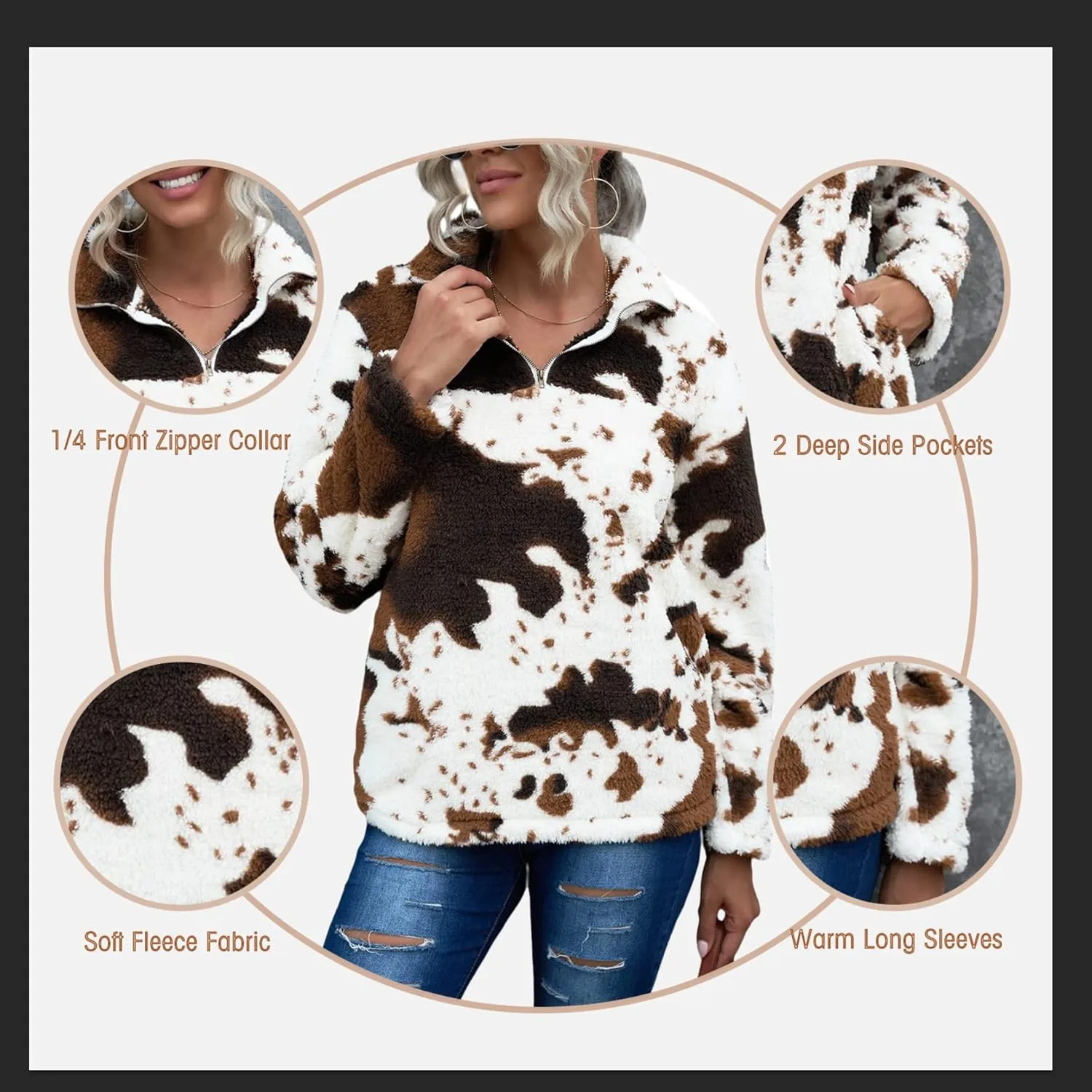 EARKOHA Womens Plus Size Long Sleeve Casual Zip Collar Cow Print Fleece Jacket Tops