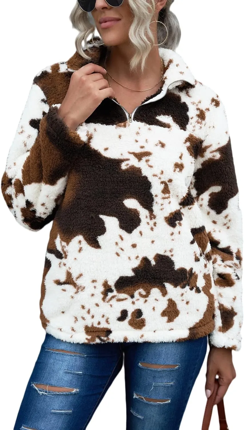EARKOHA Womens Plus Size Long Sleeve Casual Zip Collar Cow Print Fleece Jacket Tops