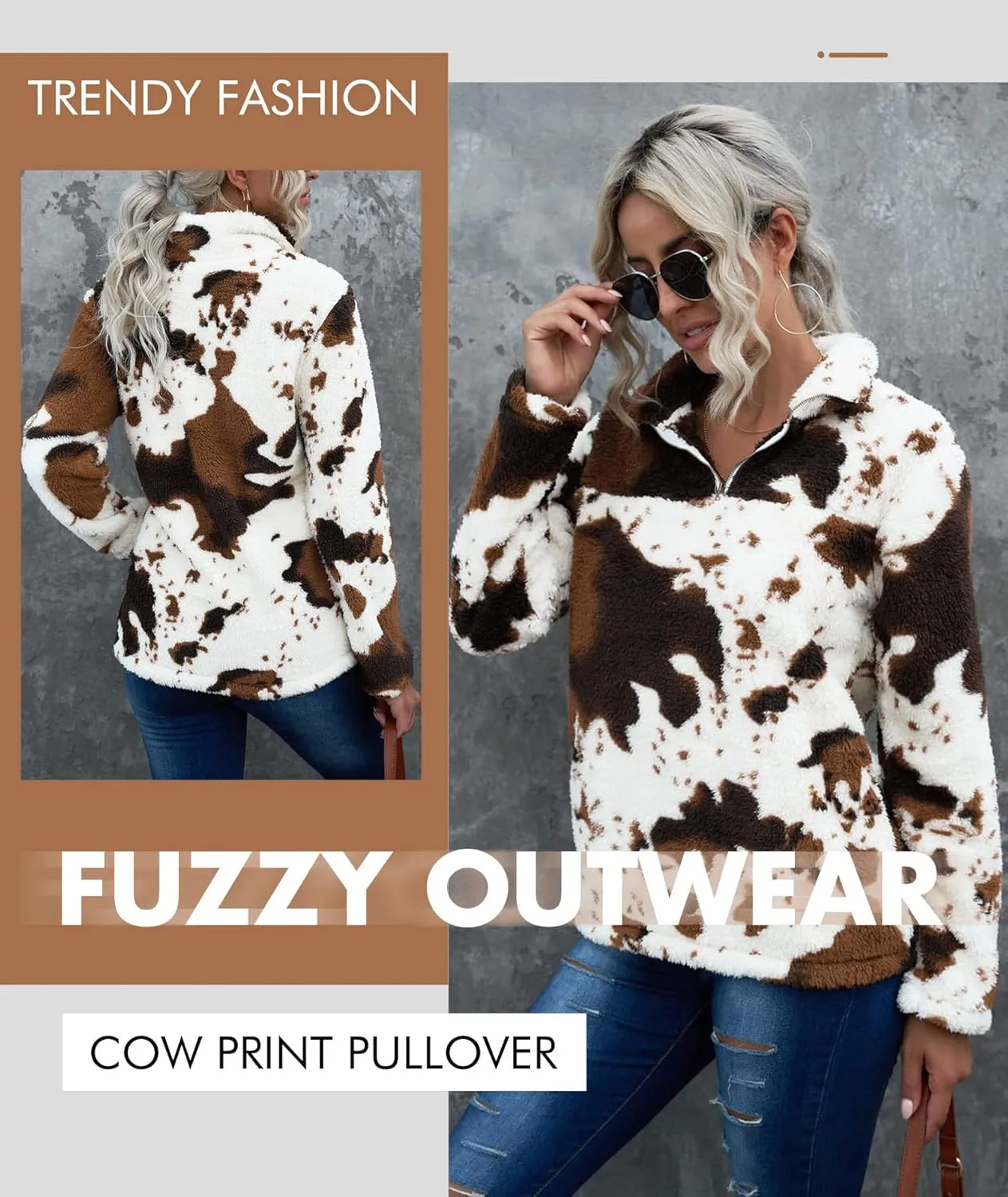EARKOHA Womens Plus Size Long Sleeve Casual Zip Collar Cow Print Fleece Jacket Tops