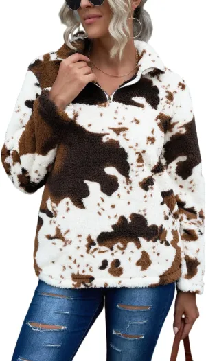 EARKOHA Womens Plus Size Long Sleeve Casual Zip Collar Cow Print Fleece Jacket Tops