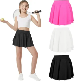 EXARUS Girls Tennis Skirts with Pockets Kids Athletic Skorts Golf Cheer Mini Tiered Skirt High Waisted Shorts 6-14Y