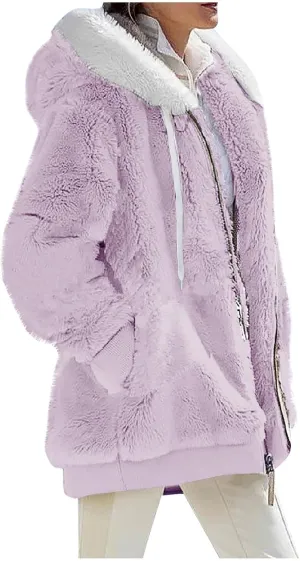Fall Outfits for Women Zipper Color Block Outerwear Long Sleeve Fleece Plush Stitching Coats Warm Hooded Jacket