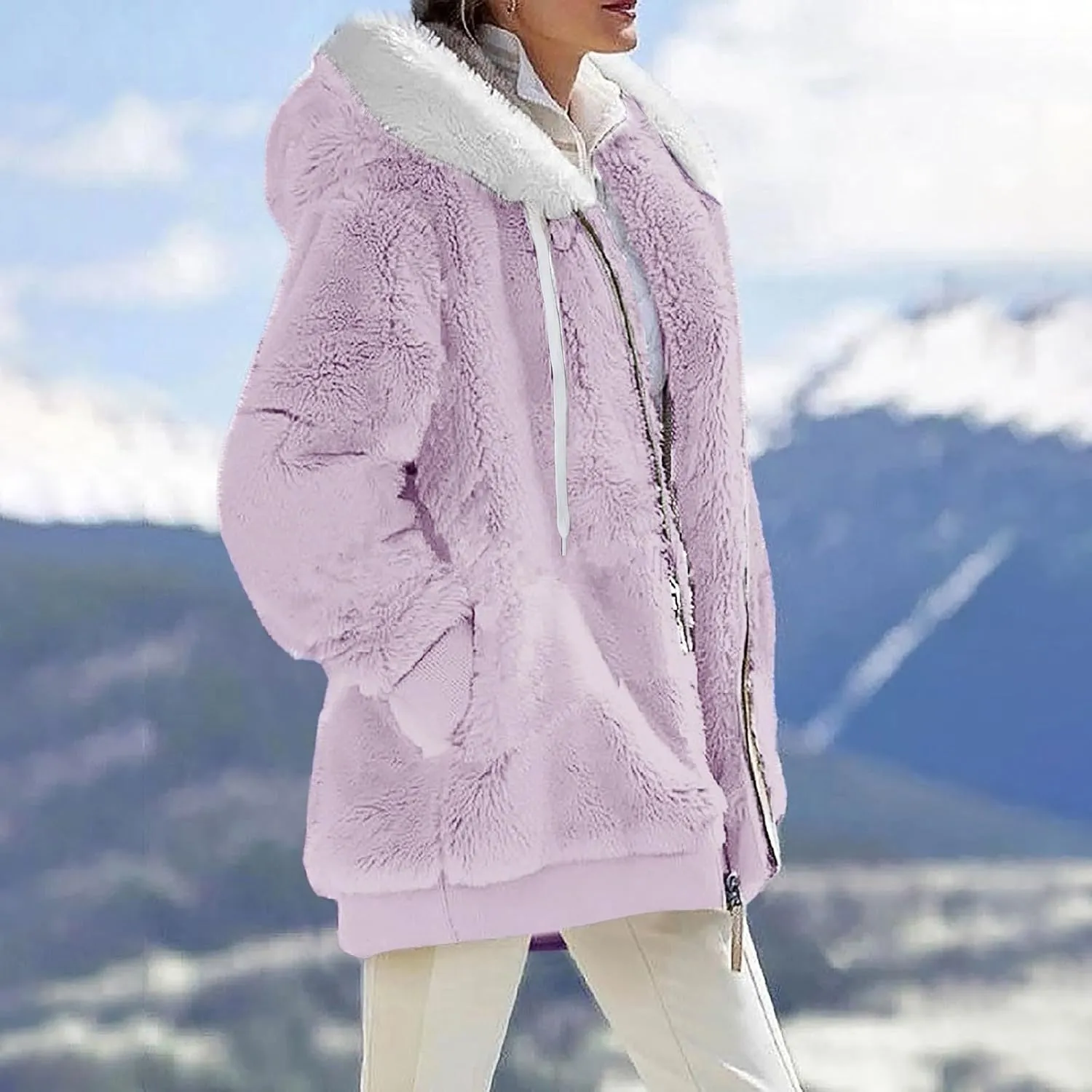 Fall Outfits for Women Zipper Color Block Outerwear Long Sleeve Fleece Plush Stitching Coats Warm Hooded Jacket