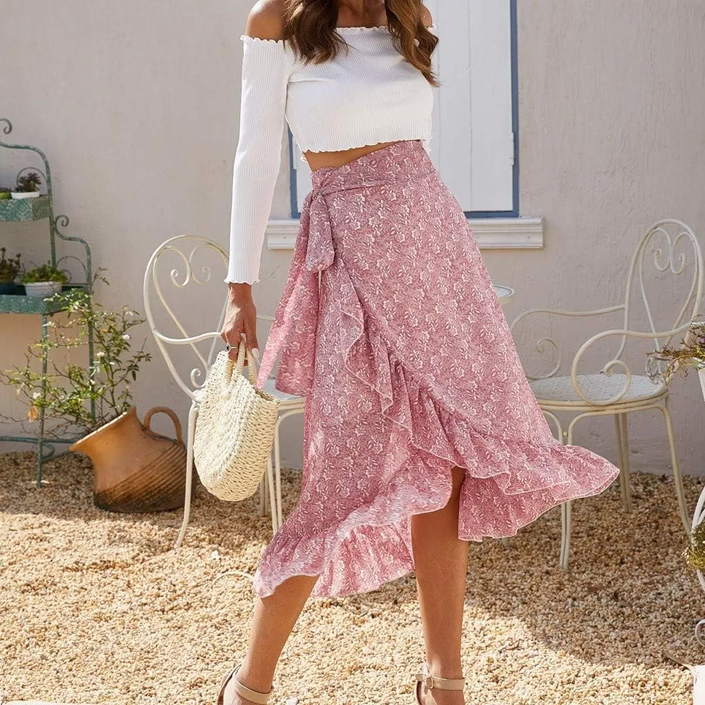 Fashion Women Floral Chiffon Skirt Casual Belt Skirt Irregular Hem Split Elastic Waist Midi Skirts Ruffle Pleated