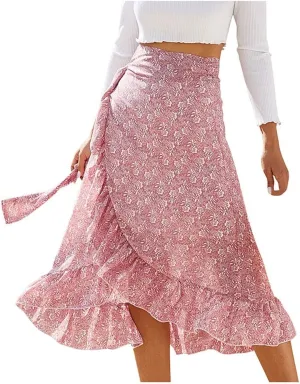 Fashion Women Floral Chiffon Skirt Casual Belt Skirt Irregular Hem Split Elastic Waist Midi Skirts Ruffle Pleated