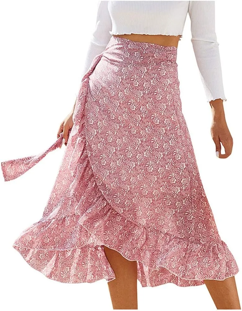 Fashion Women Floral Chiffon Skirt Casual Belt Skirt Irregular Hem Split Elastic Waist Midi Skirts Ruffle Pleated