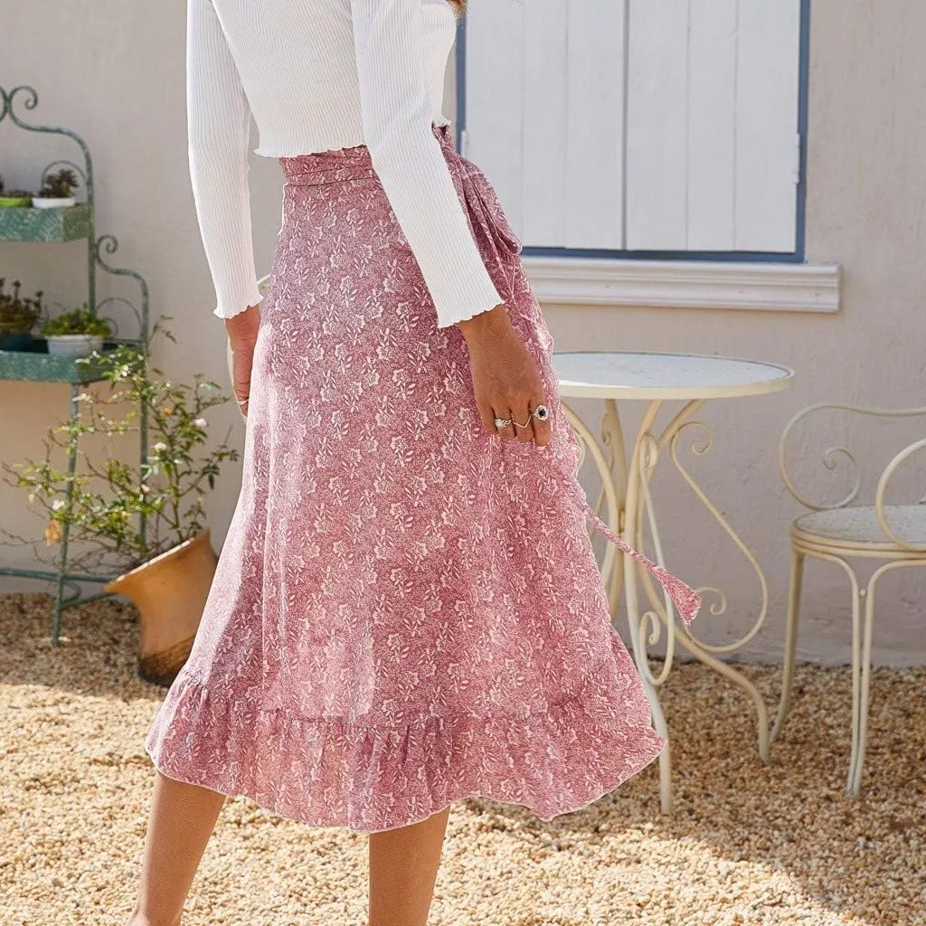 Fashion Women Floral Chiffon Skirt Casual Belt Skirt Irregular Hem Split Elastic Waist Midi Skirts Ruffle Pleated