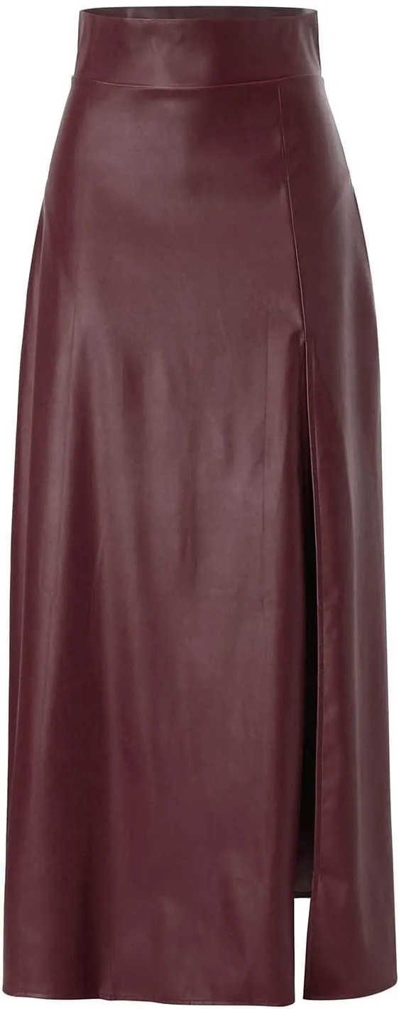 Faux Leather Skirts Women's High Waist Split A-Line Maxi Skirts Pocket Zipper Solid Casual Long Swing Skirt