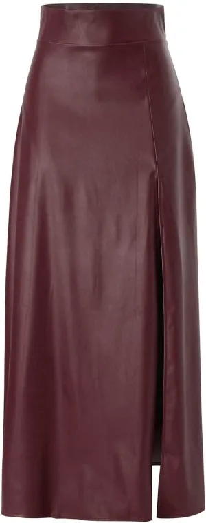 Faux Leather Skirts Women's High Waist Split A-Line Maxi Skirts Pocket Zipper Solid Casual Long Swing Skirt
