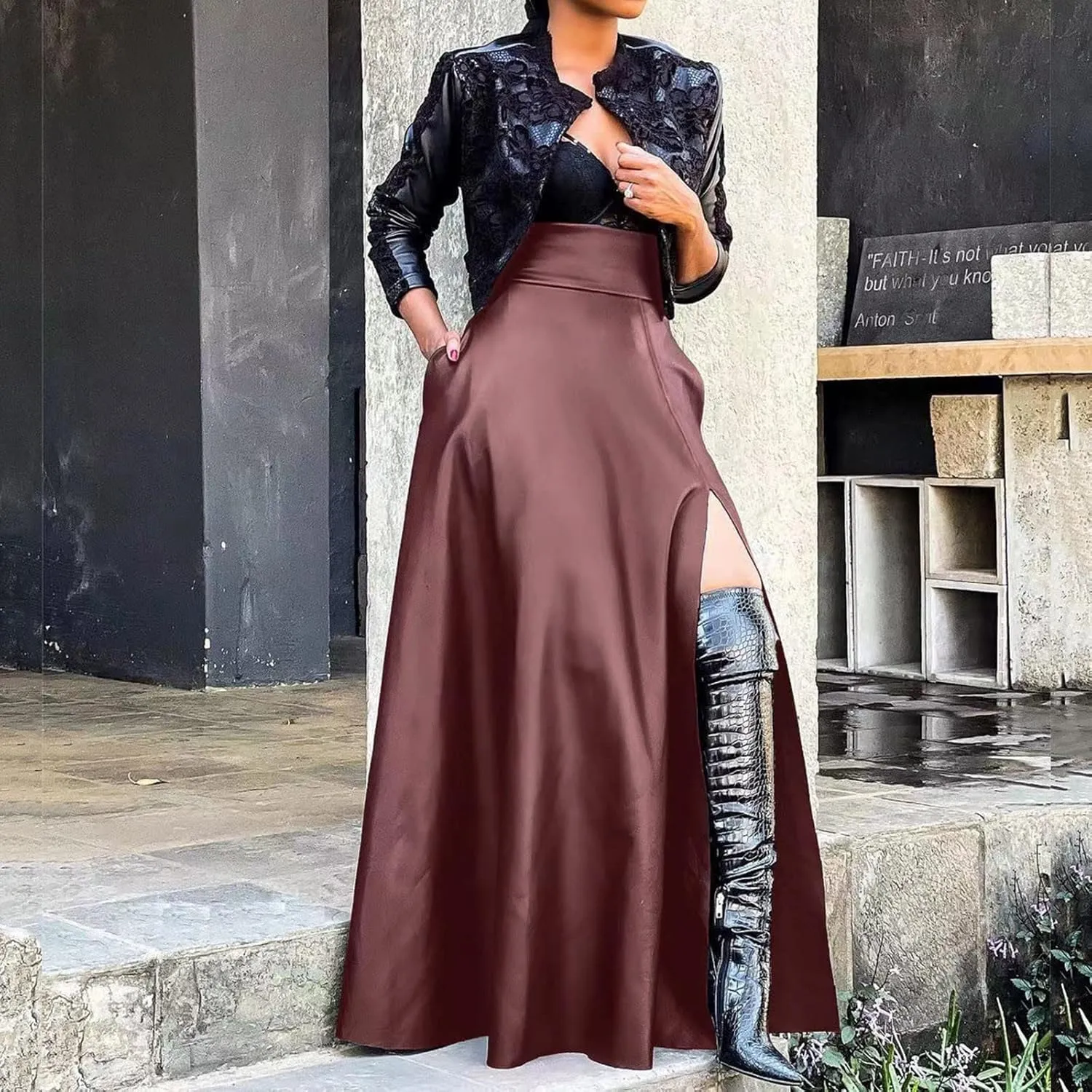 Faux Leather Skirts Women's High Waist Split A-Line Maxi Skirts Pocket Zipper Solid Casual Long Swing Skirt