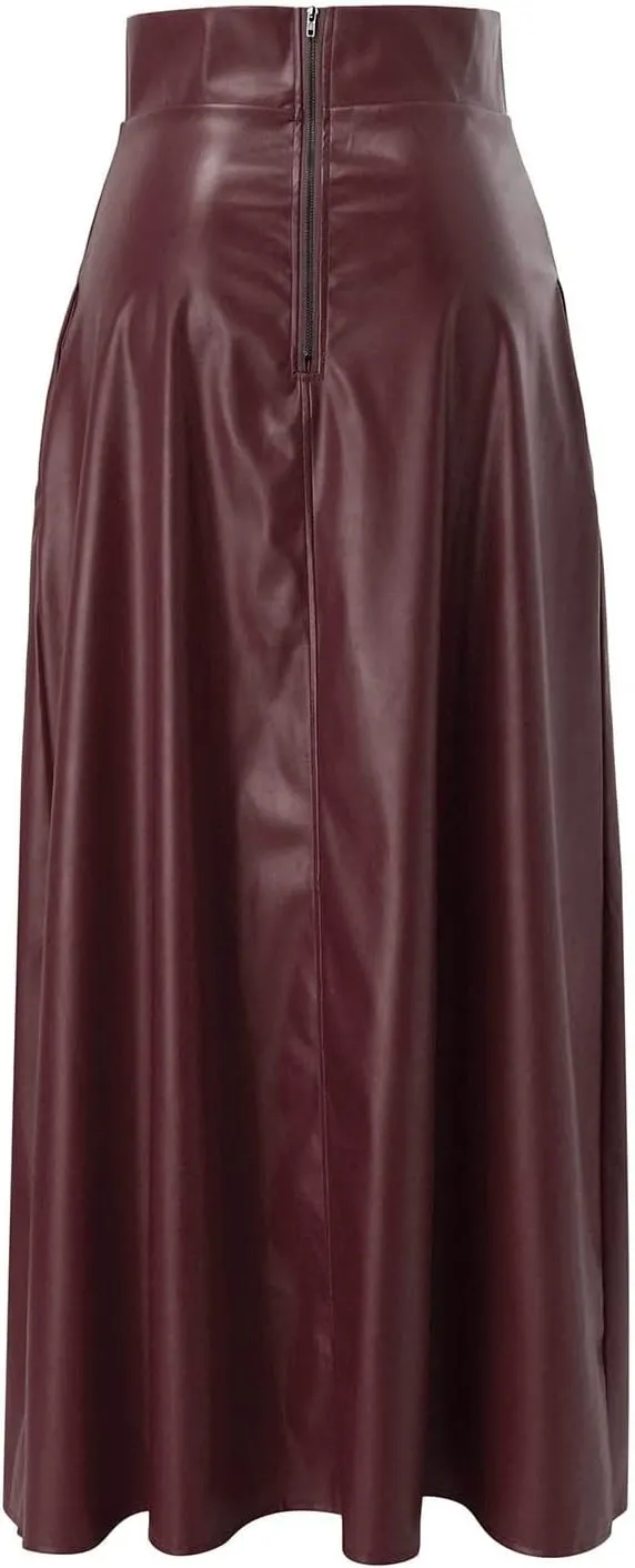 Faux Leather Skirts Women's High Waist Split A-Line Maxi Skirts Pocket Zipper Solid Casual Long Swing Skirt