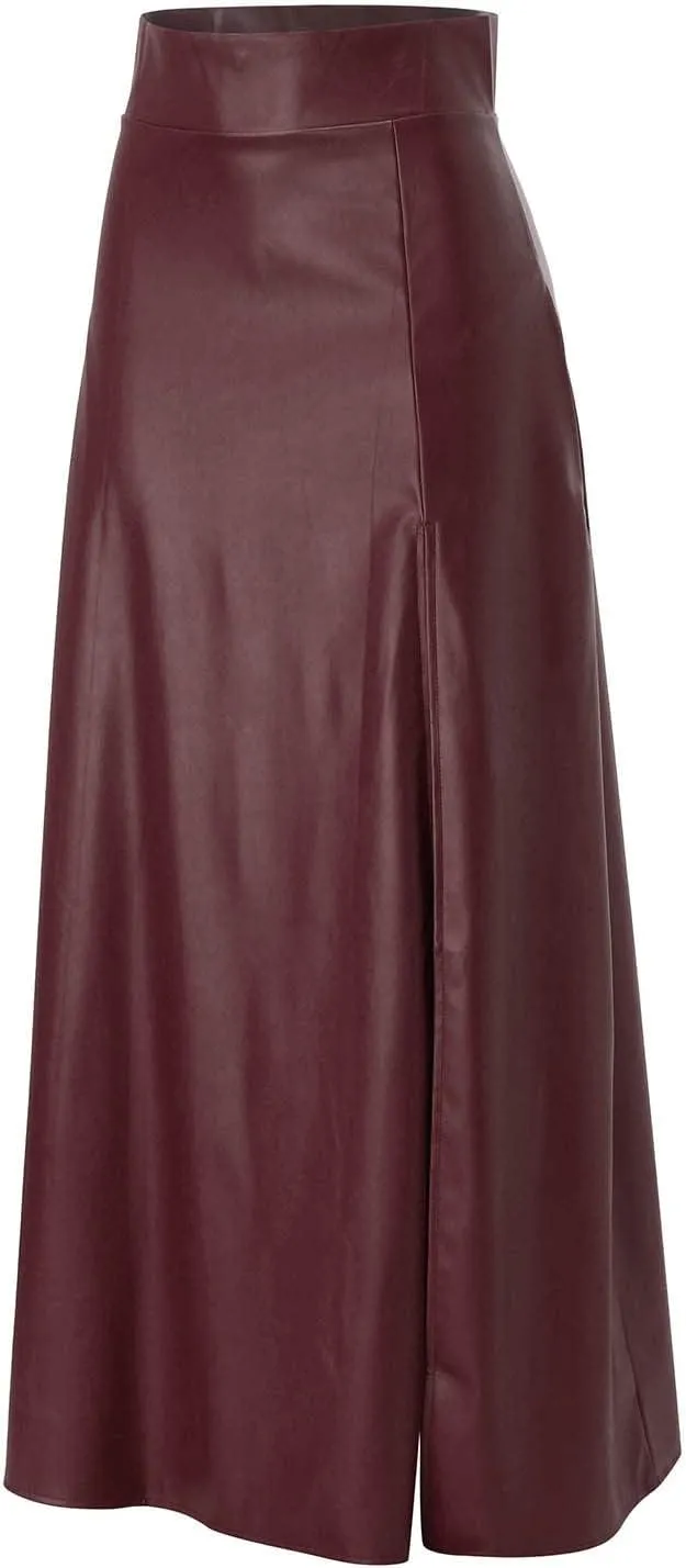 Faux Leather Skirts Women's High Waist Split A-Line Maxi Skirts Pocket Zipper Solid Casual Long Swing Skirt