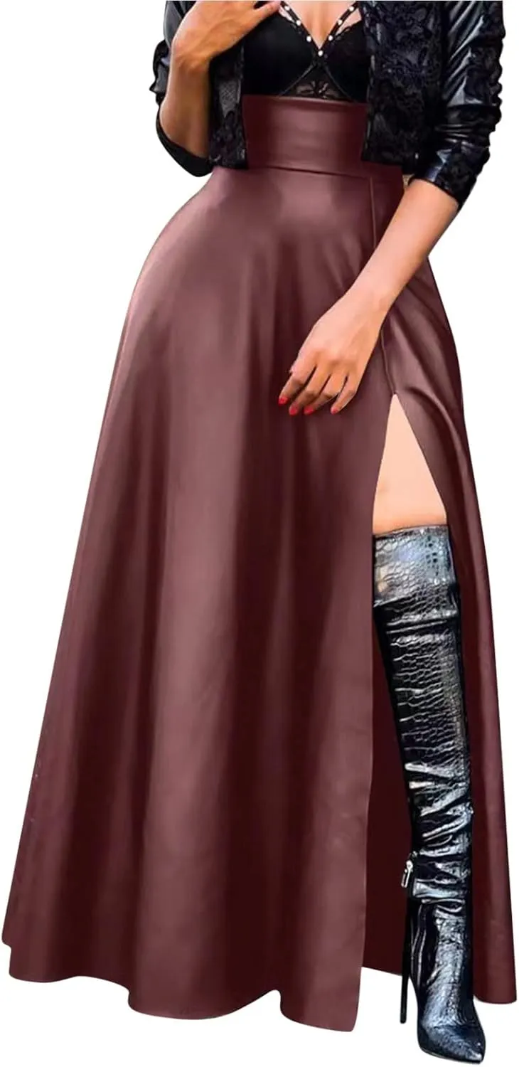 Faux Leather Skirts Women's High Waist Split A-Line Maxi Skirts Pocket Zipper Solid Casual Long Swing Skirt