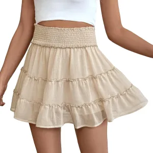 FEOYA Womens Ruffle Skirts High Waist Flowy Boho Beach Mini Skirts Casual Smocked Summer Cute Chiffon Skorts Built-in Shorts