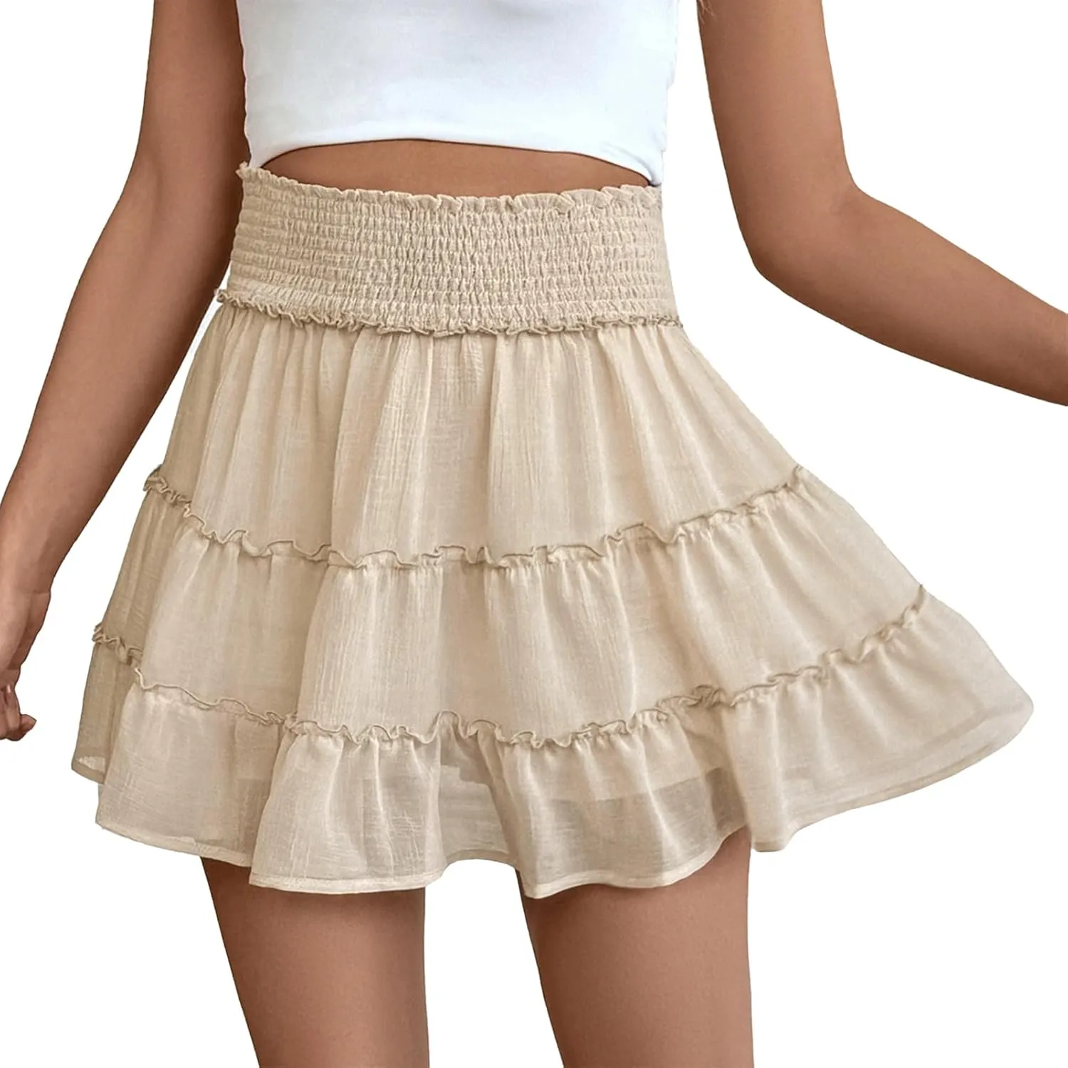 FEOYA Womens Ruffle Skirts High Waist Flowy Boho Beach Mini Skirts Casual Smocked Summer Cute Chiffon Skorts Built-in Shorts