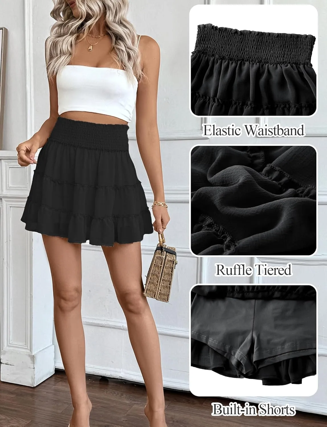 FEOYA Womens Ruffle Skirts High Waist Flowy Boho Beach Mini Skirts Casual Smocked Summer Cute Chiffon Skorts Built-in Shorts