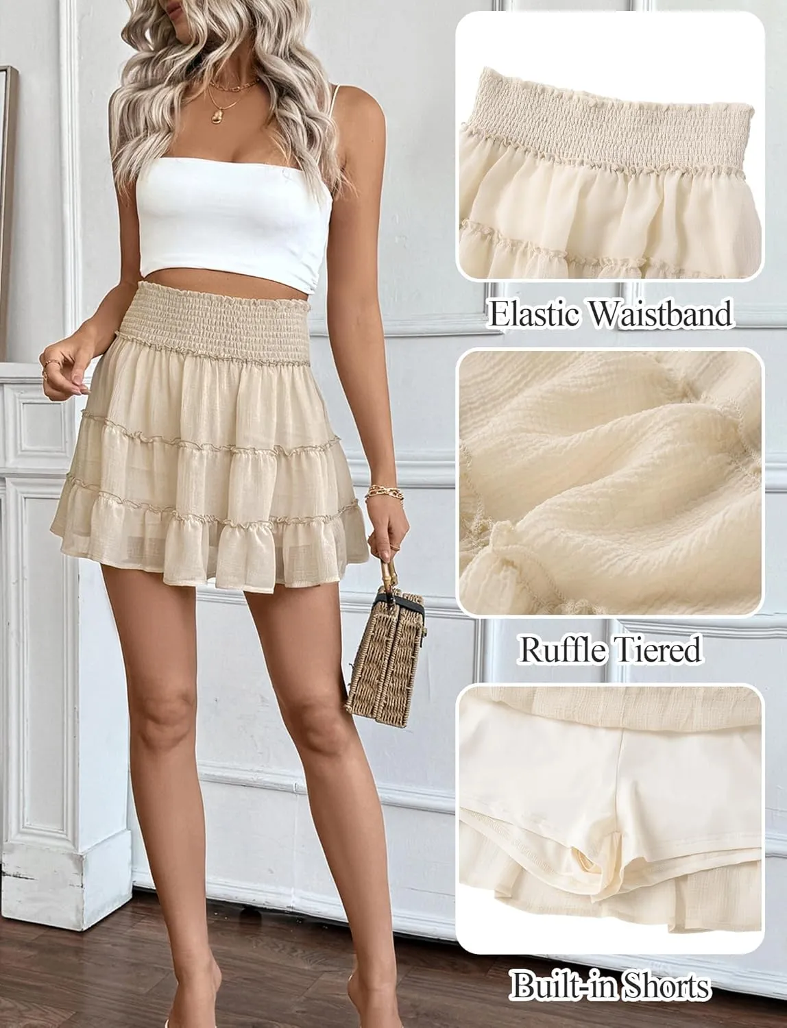 FEOYA Womens Ruffle Skirts High Waist Flowy Boho Beach Mini Skirts Casual Smocked Summer Cute Chiffon Skorts Built-in Shorts