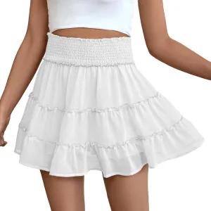 FEOYA Womens Ruffle Skirts High Waist Flowy Boho Beach Mini Skirts Casual Smocked Summer Cute Chiffon Skorts Built-in Shorts