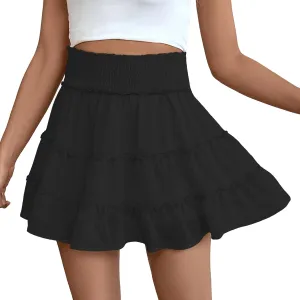 FEOYA Womens Ruffle Skirts High Waist Flowy Boho Beach Mini Skirts Casual Smocked Summer Cute Chiffon Skorts Built-in Shorts