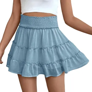 FEOYA Womens Ruffle Skirts High Waist Flowy Boho Beach Mini Skirts Casual Smocked Summer Cute Chiffon Skorts Built-in Shorts
