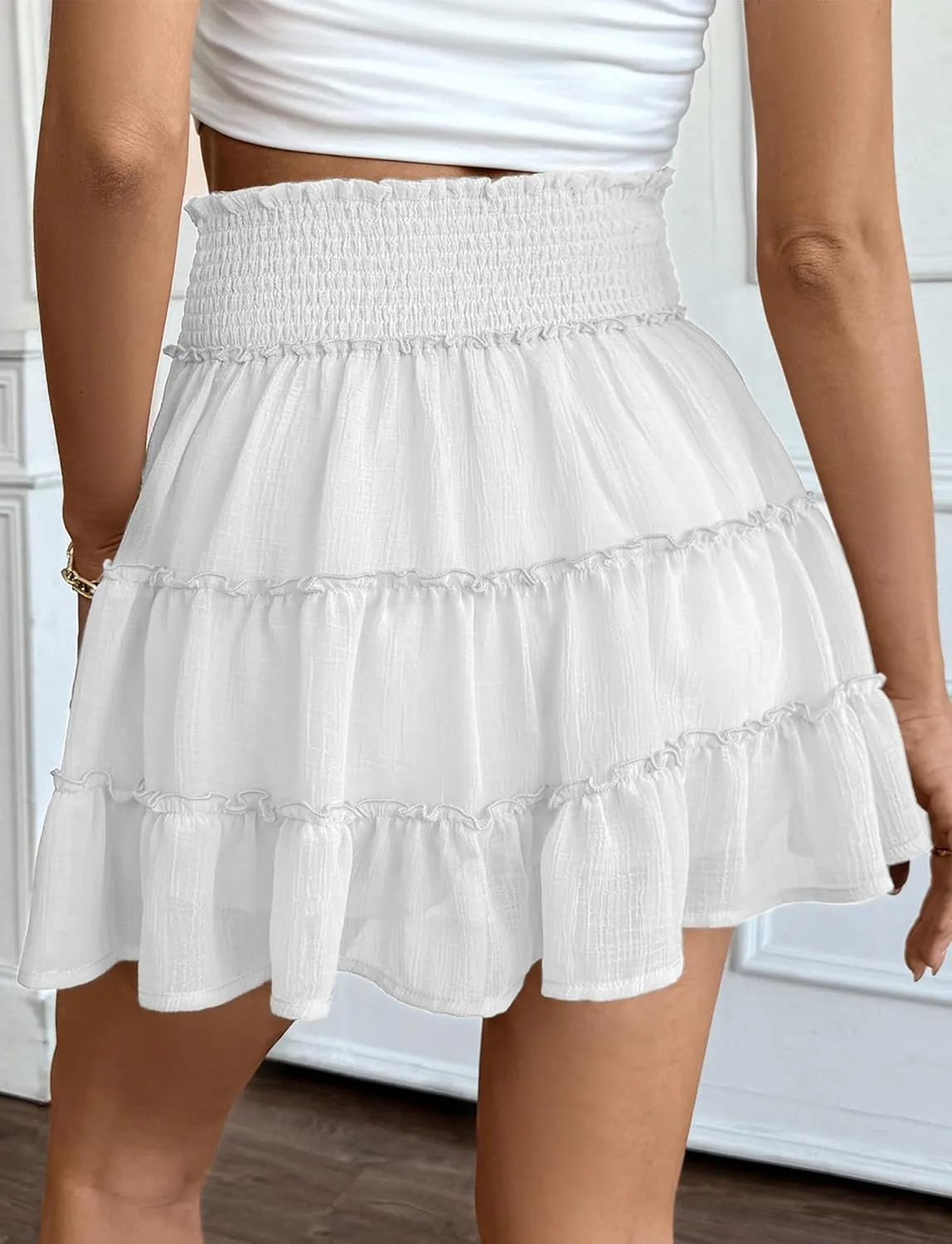 FEOYA Womens Ruffle Skirts High Waist Flowy Boho Beach Mini Skirts Casual Smocked Summer Cute Chiffon Skorts Built-in Shorts