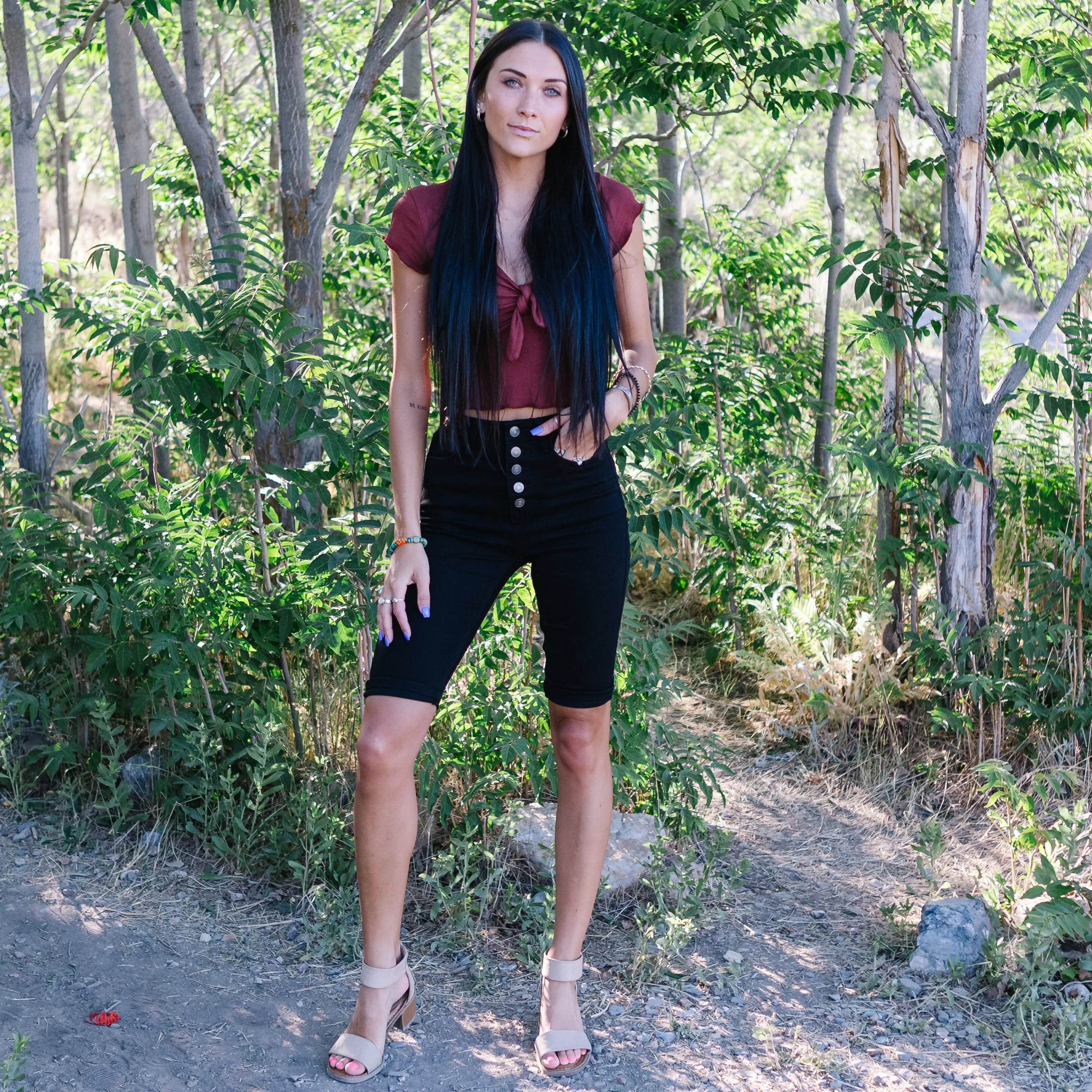 First Time High Rise Button Bermuda Shorts
