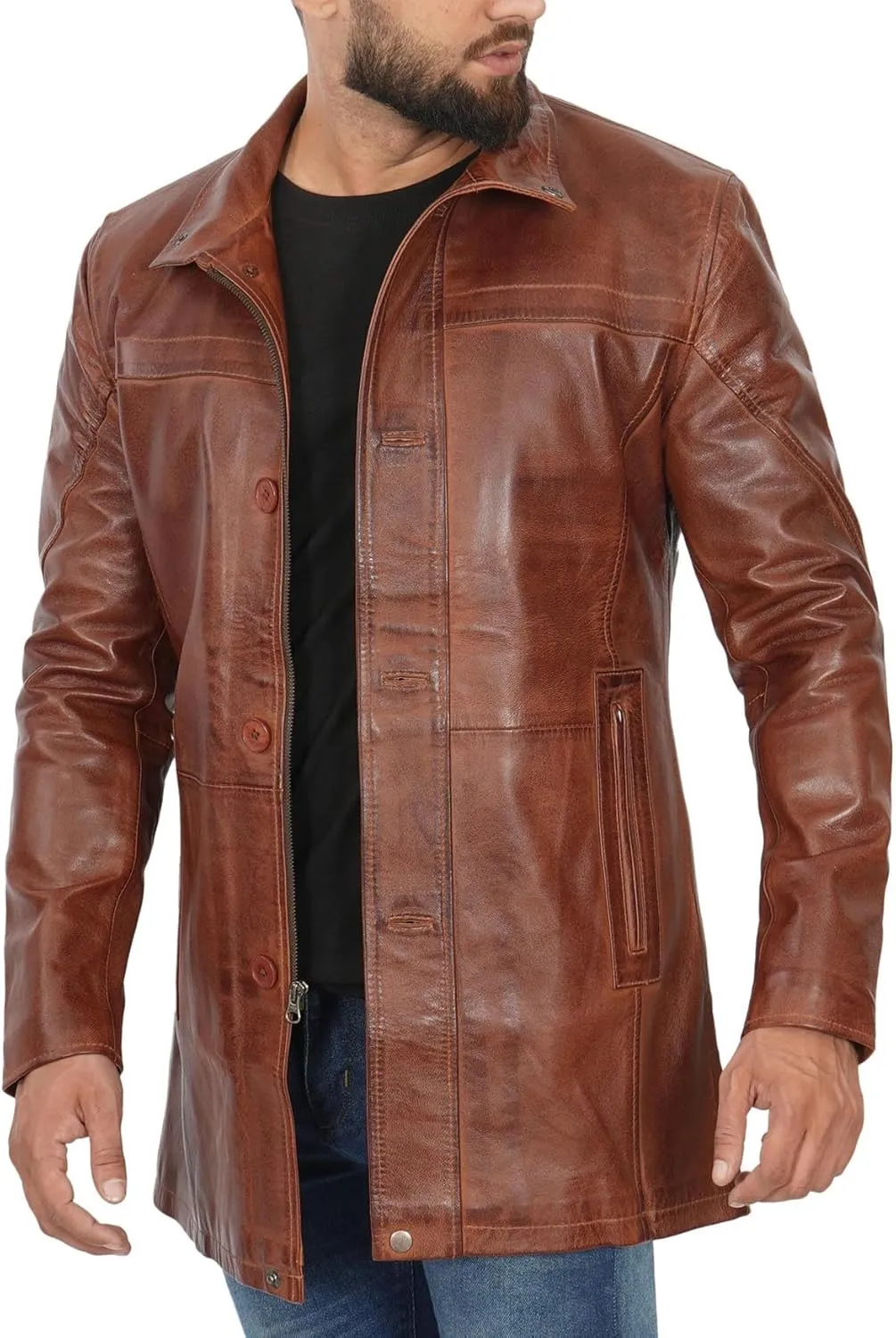 fjackets Leather Car Coats For Men   Length Real Lambskin Mens Fashion Brown & Black Leather Jacket Men