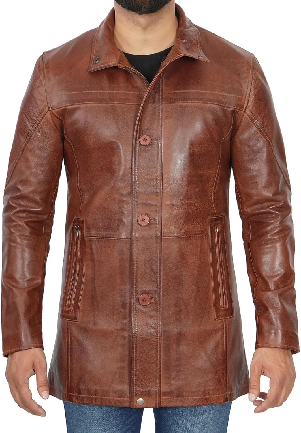 fjackets Leather Car Coats For Men   Length Real Lambskin Mens Fashion Brown & Black Leather Jacket Men