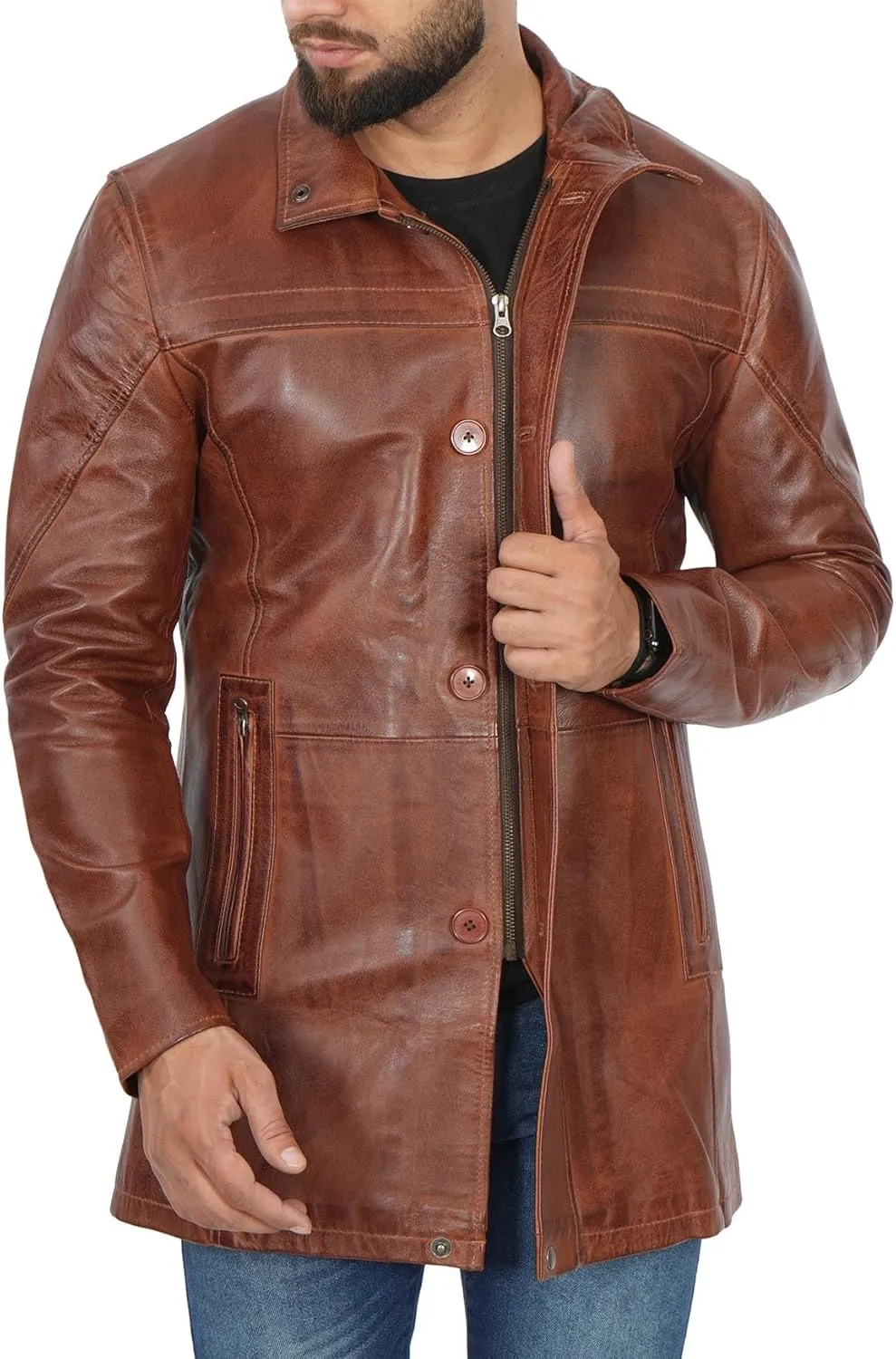 fjackets Leather Car Coats For Men   Length Real Lambskin Mens Fashion Brown & Black Leather Jacket Men