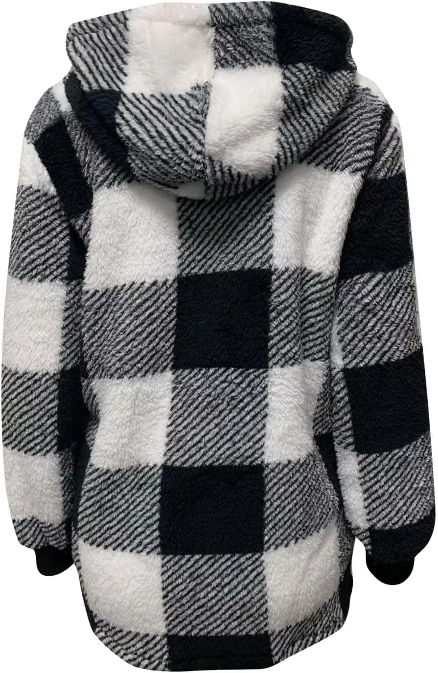 Fleece Jacket Women Sherpa Lined Plaid Flannel Hooded Jacket Oversized Zip Up Jacket with Pockets Fall Warm Coat