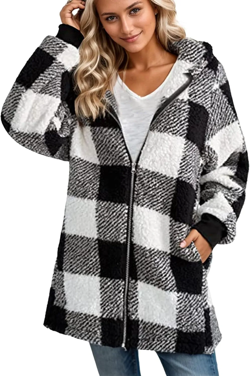Fleece Jacket Women Sherpa Lined Plaid Flannel Hooded Jacket Oversized Zip Up Jacket with Pockets Fall Warm Coat
