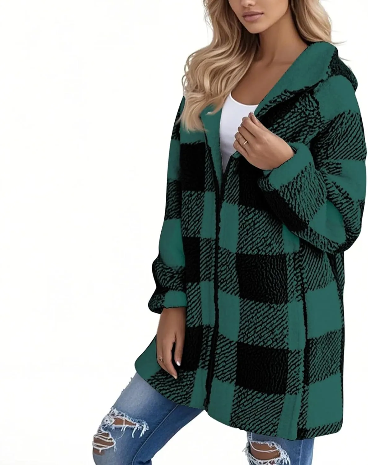 Fleece Jacket Women Sherpa Lined Plaid Flannel Hooded Jacket Oversized Zip Up Jacket with Pockets Fall Warm Coat