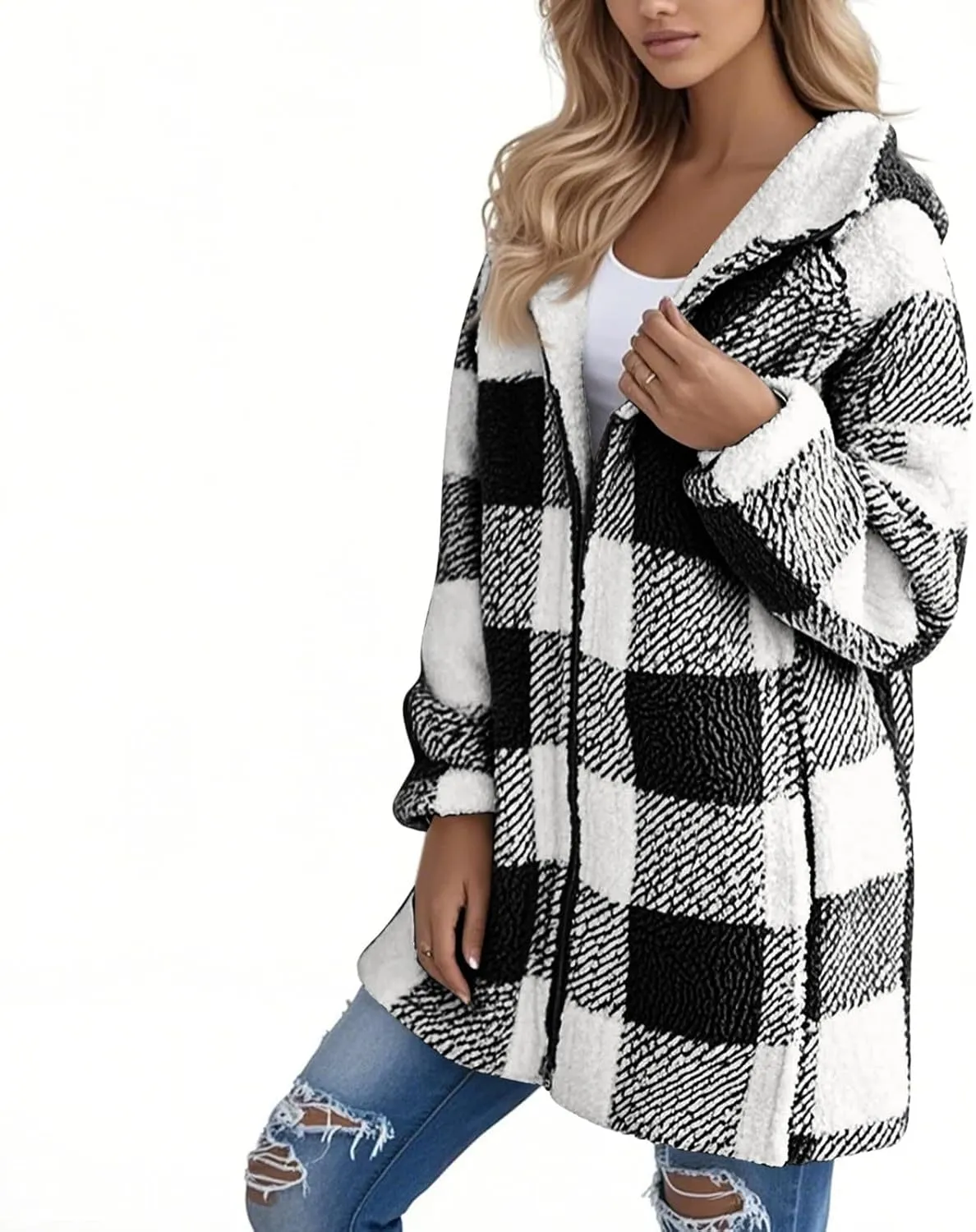 Fleece Jacket Women Sherpa Lined Plaid Flannel Hooded Jacket Oversized Zip Up Jacket with Pockets Fall Warm Coat
